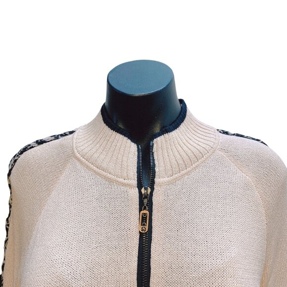 St. John Sport Cream Black Knit Cardigan Zipper Braided Sleeve Detail M - Picture 7 of 10